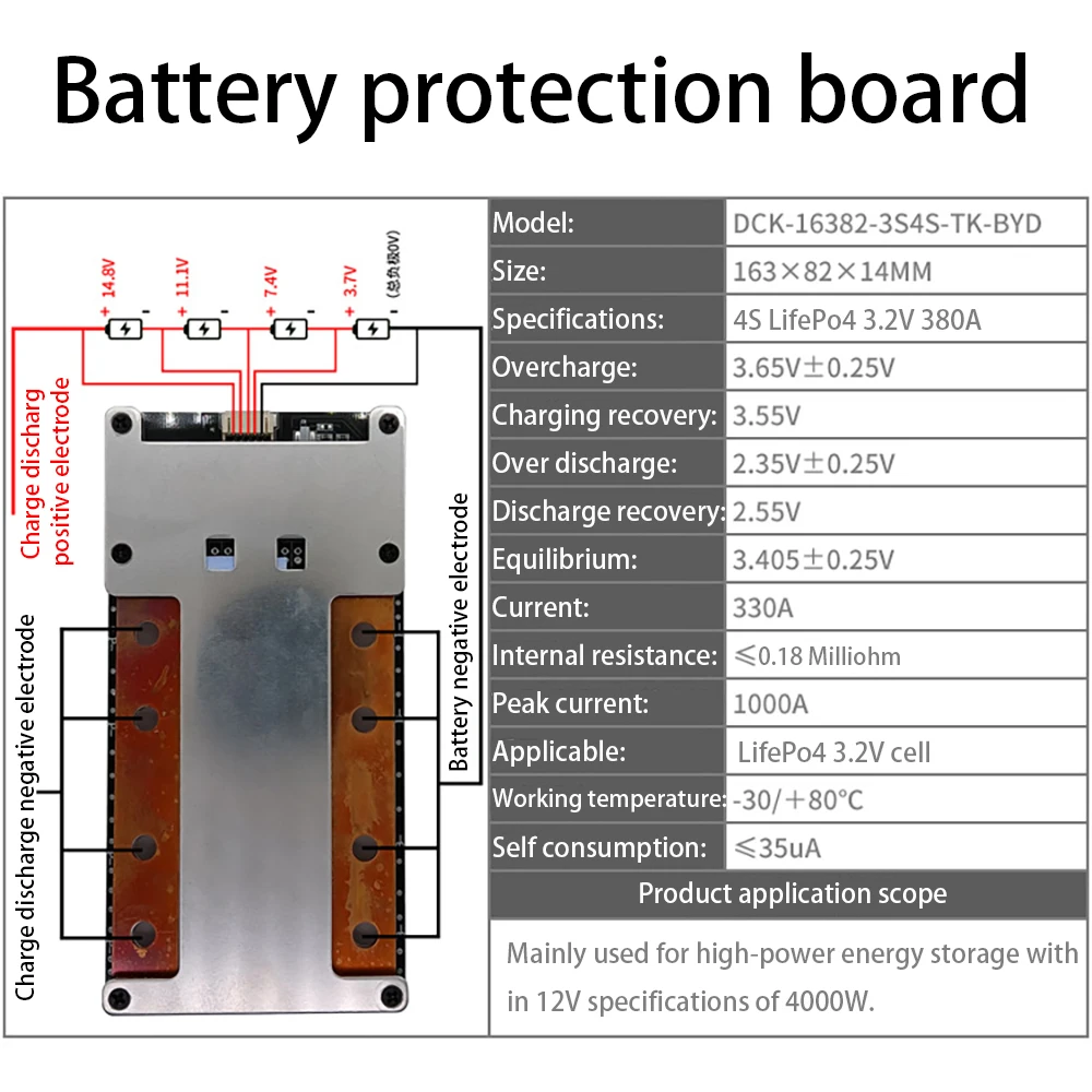 

3S 4S Li-Ion LifePo4 BMS 12,8 V 120A 160A 200A 300A 380A Защитная плата для литиевого аккумулятора, балансировочный инвертор для электрического автомобиля