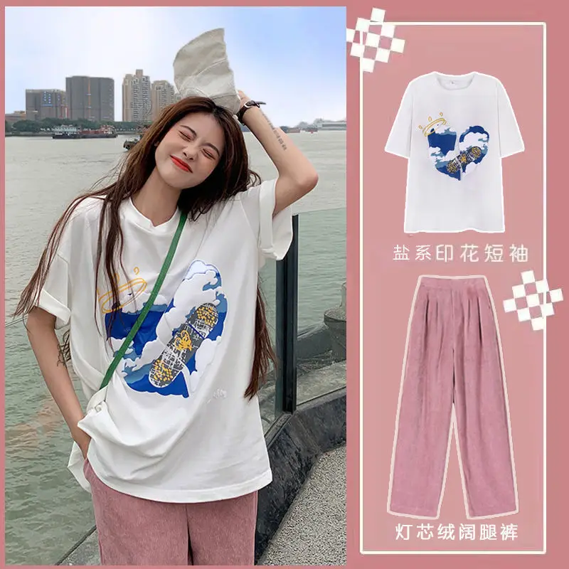 Летний новый костюм для женщин Студенческая Корейская версия свободная футболка