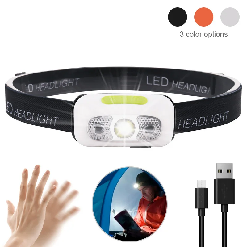 

Фонарь налобный Аккумуляторный с датчиком, USB, водонепроницаемый