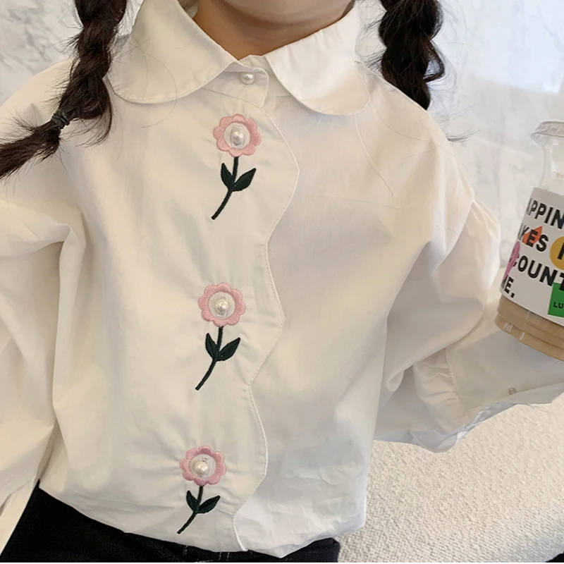 

Korean Style Fashion Girls Shirt 2022 Spring New Long Sleeve Turn Down Collar Flower Print Pearl Button Children Tops Clothes