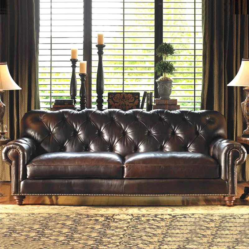 

European Style Leather Sofa Villa Living Room Leather Art First Layer Leather Sofa American Country Club Hotel Lobby Sofa