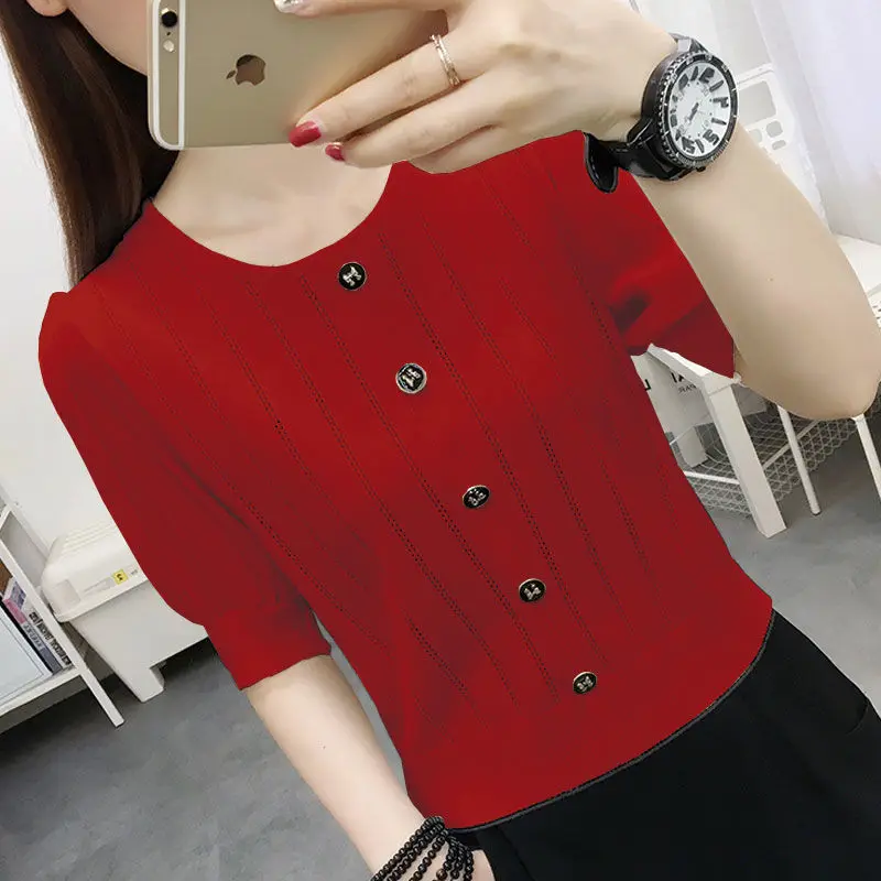 

Fashion Solid Color Button Loose Korean Blouse Women Clothing 2023 Spring New Casual Pullovers Half Sleeve Commute Shirt