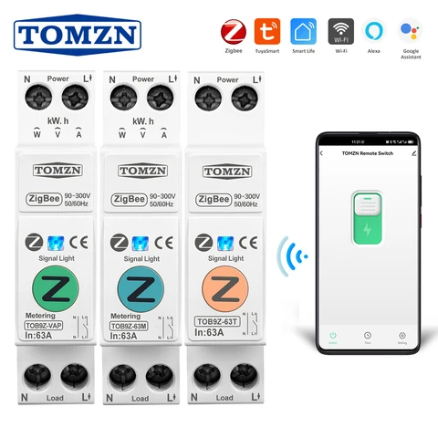 Умный выключатель TOMZN Zigbee 63 А, 1P + N, Wi-Fi, измеритель энергии кВтч, схема измерения, реле измерения, аналогичное реле MCB TUYA smartlife