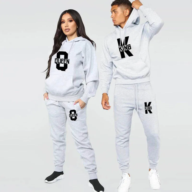 

Fashion All-match Couple Sportwear KING QUEEN Printed Hooded Tops 2PCS Set Hoodie and Pants Suit Women Men Lover Clothes S-4XL