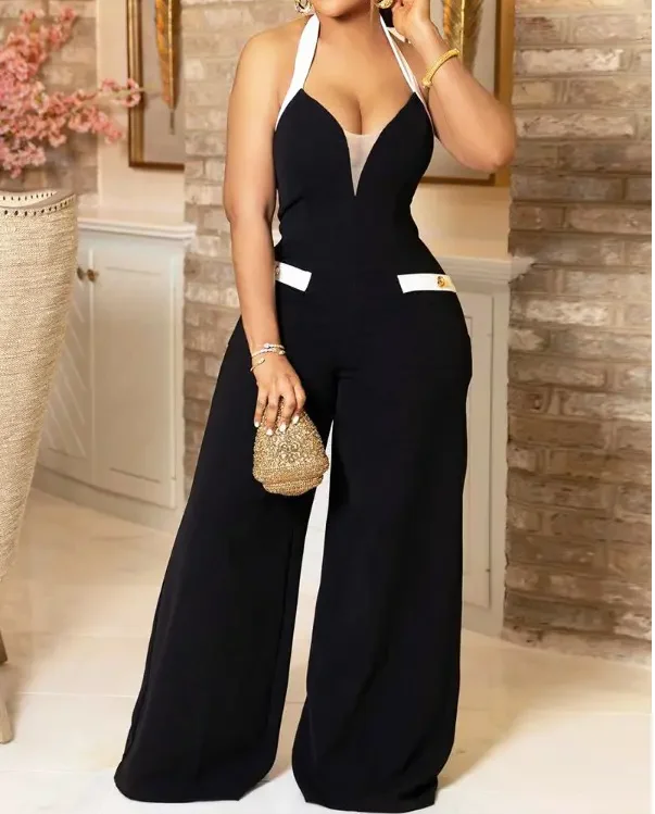 

Sexy Sleeveless Women Contrast Paneled Halter Wide Leg Jumpsuit Women Summer 2022 New Fashion