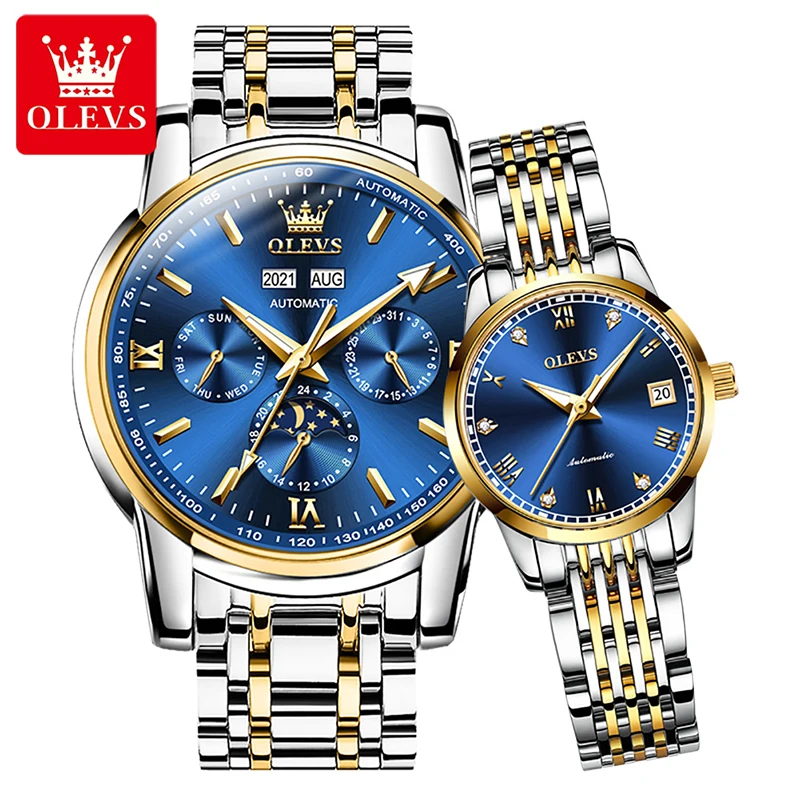 OLEVS 2022  Automatic Mechanical Luxury Couple Watch Fashion Blue Dial Luminous Weekly Calendar Display Couple Watch Waterproof