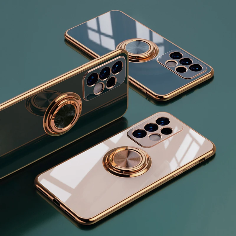 Luxury Plating Soft Case For Samsung Galaxy S10 S22 S21 S20 FE Ultra Plus Note 20 10 9 A72 A52 A52S S10Plus Ring Holder Cover on