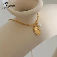 joolim jewelry pvd gold finish simple freshwater pearl oval brand pendant rice chain necklace stainless steel jewelry wholesale