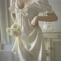 summer womens silk pajamas solid short sleeve nightdress with chest pad bow vintage nightgown women sleepwear sexy sleepwear