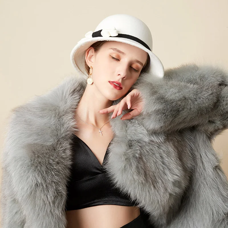 

Simple Bow Fedoras High Quality Felted Basin Hat For Winter Autumn Warm Wool Fisherman Cap Elegant British Ladies Church Hats