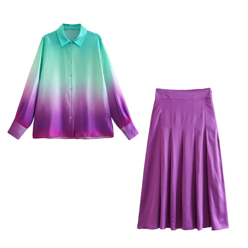 

Женский летний комплект из двух предметов: рубашка с длинным рукавом, отложным воротником и пуговицами, плиссированная юбка до щиколотки, элегантная женская одежда