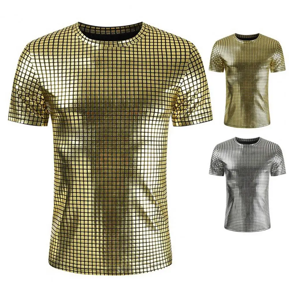 

Men Club Tops Short Sleeve Crew Neck Solid Color Reflective Surface Eye-catching Keep Trendy Sexy Slim Fit Casual Summer T-shirt