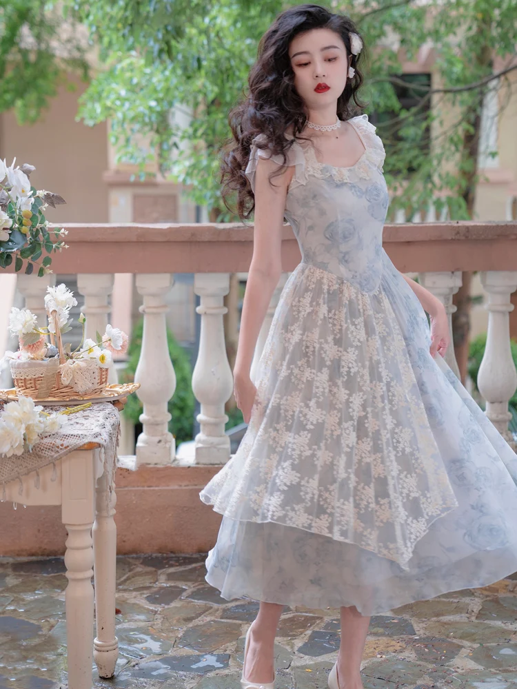 

Длинное платье небесно-голубого цвета на бретельках с принтом, новинка 2023, модная повседневная женская одежда