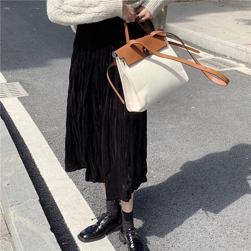 

Женская плиссированная юбка средней длины, бархатная Свободная юбка с эластичным поясом и высокой талией, Осень-зима 2021