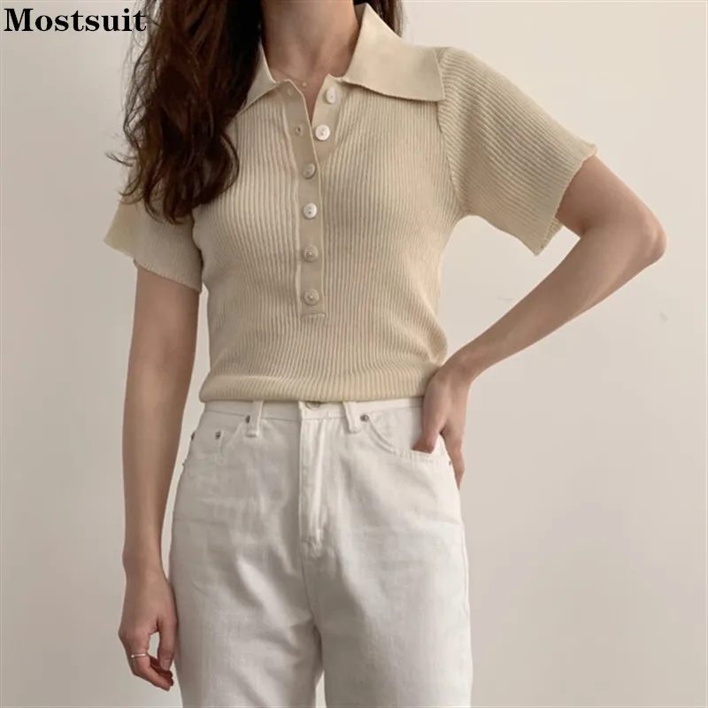 

Summer Elegant Short Sleeve Turn Down Collar Sweater For Women Slim Buttons Thin Pullover Knitted Tops Korean Style 2022