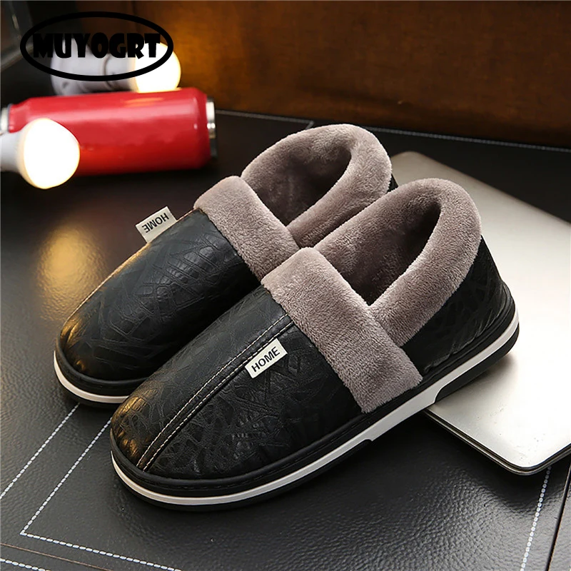 

Men'S Slippers Home Winter Indoor Warm Shoes Thick Bottom Plush Waterproof Leather House Slippers Man Cotton Shoes 2022 New