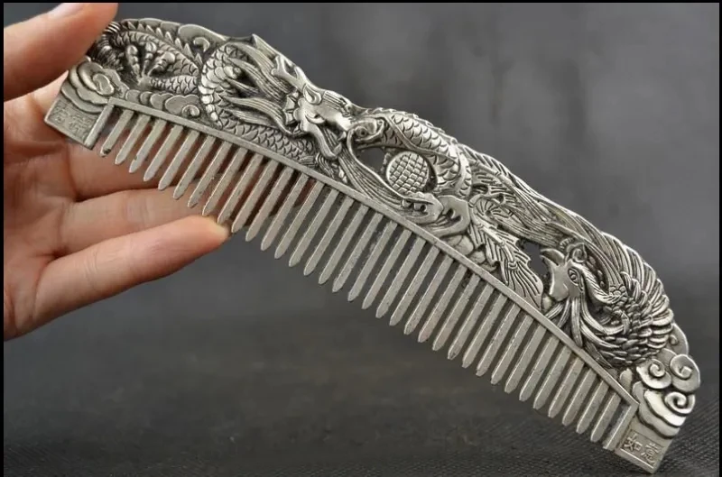 

Chinese Old Decoration Collectibles Handwork Tibet Silver Carving Dragon Comb