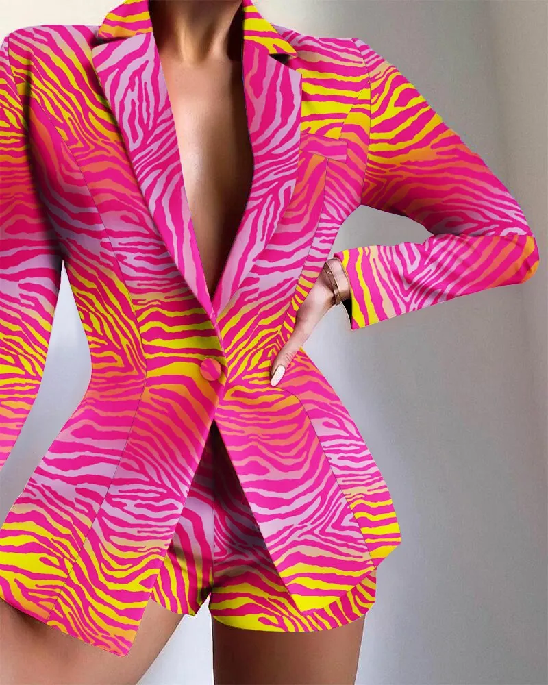

Two Piece Sets Women Graphics Print Blazer Set Elegant Office Suits Casual Slim Shorts Set Pants Street Wear Outfit Spring 2022