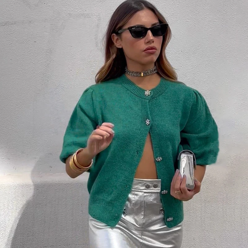 

Ardm Sweet O-Neck Jewelry Buttons Cardigan Za Women 2022 Vintage Half Sleeve Green Winter Casual Knitted Sweaters Chic Tops