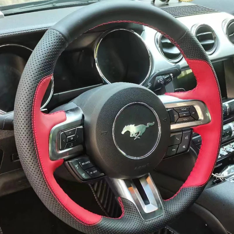 Для Ford Mustang Mustang GT 2015-2021 сшитый вручную нескользящий черный, красный, перфорация, чехол на руль автомобиля из натуральной кожи