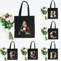 black flower letter a to z shoulder bags 2022 woman fashion shopping canvas tote casual large capacity eco harajuku storage bag