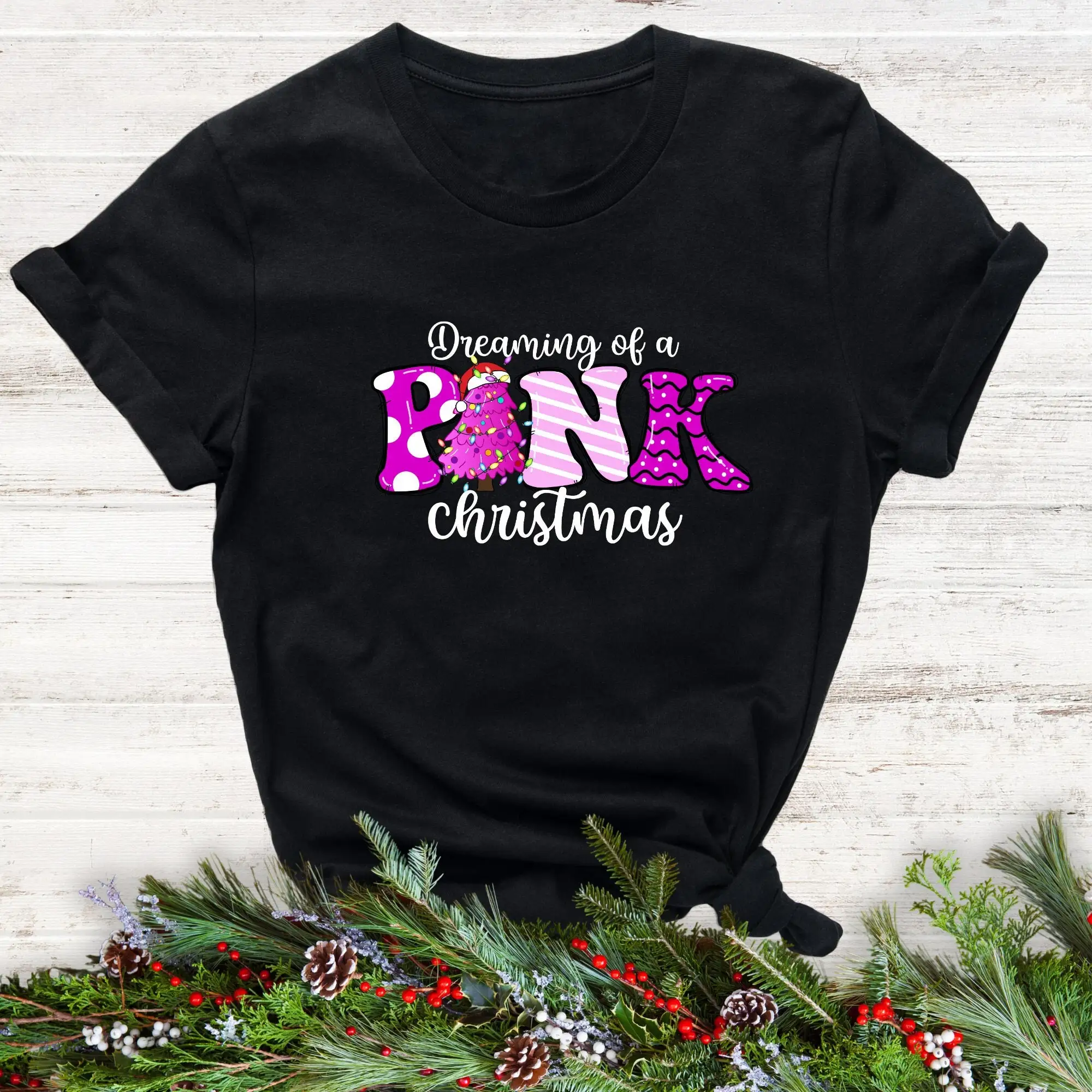 Розовая футболка с рождественской елкой Dreaming of a Santa Hat Xmas Family Милый пятнистый и