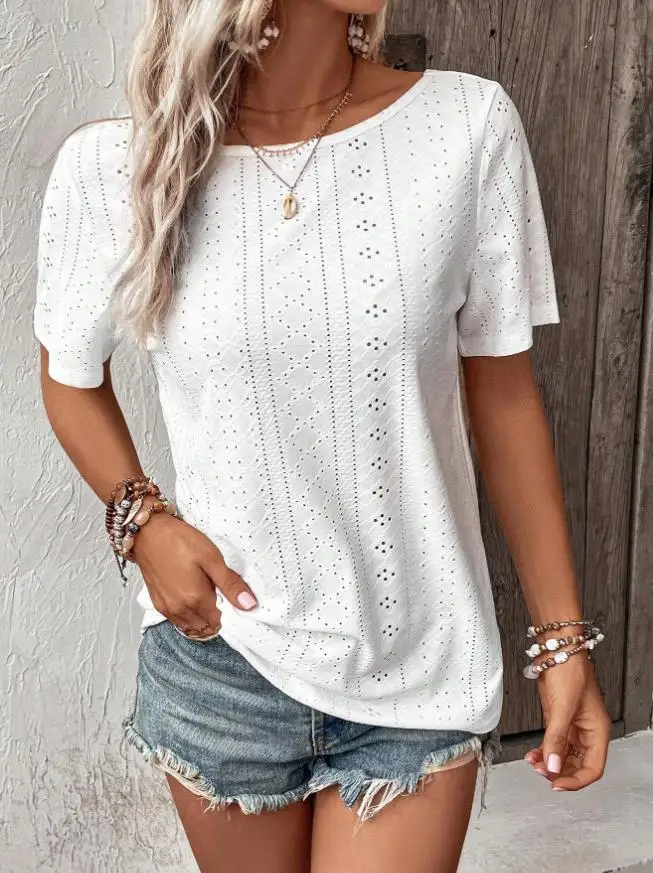 

Top Women 2023 Fashion Blouse Backless Lace Spliced T-Shirt Hollow Hollow Round Neck Short Sleeve Casual Top Y2K Clothing