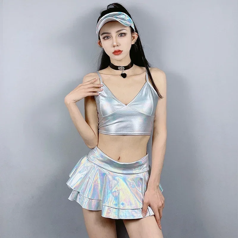 Женская серебряная одежда для черлидинга ночной клуб бар Dj Ds Rave топы юбка танцев