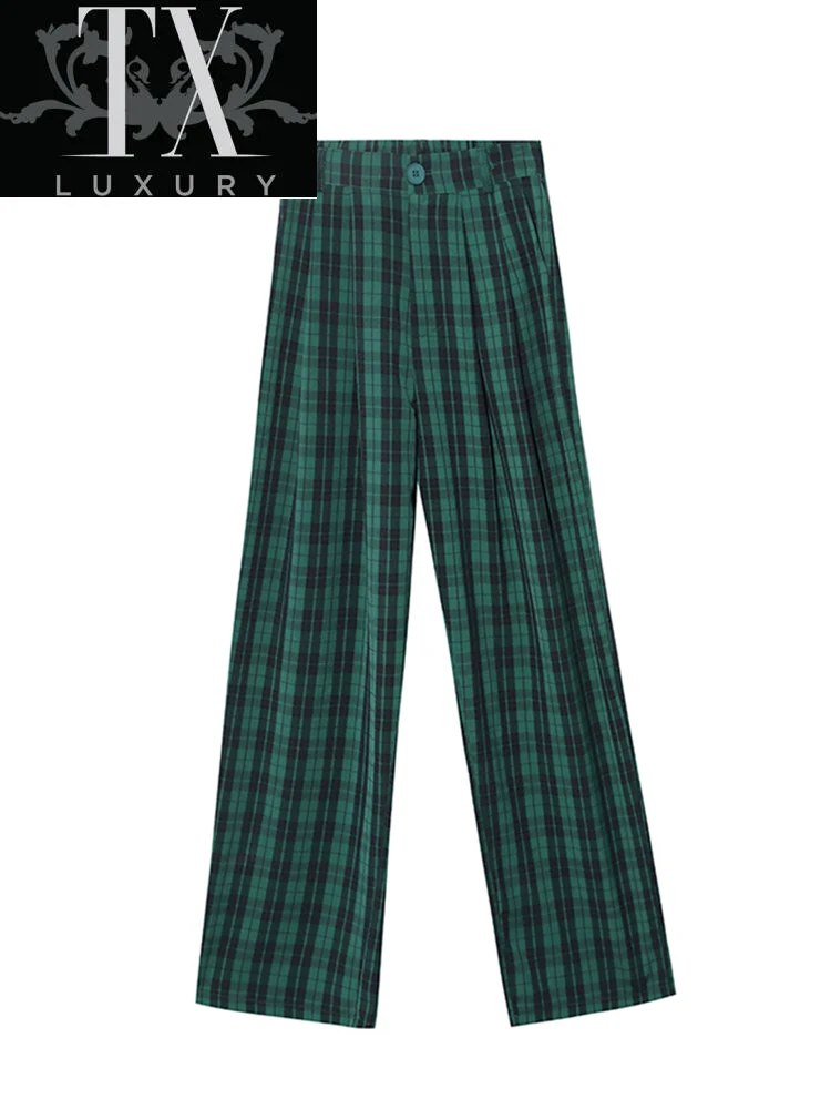 

Green Plaid Pants Women Casual Loose Wide Leg Ins Vintage Teens Straight All-Match Trousers Hip-hop Unisex Streetwear