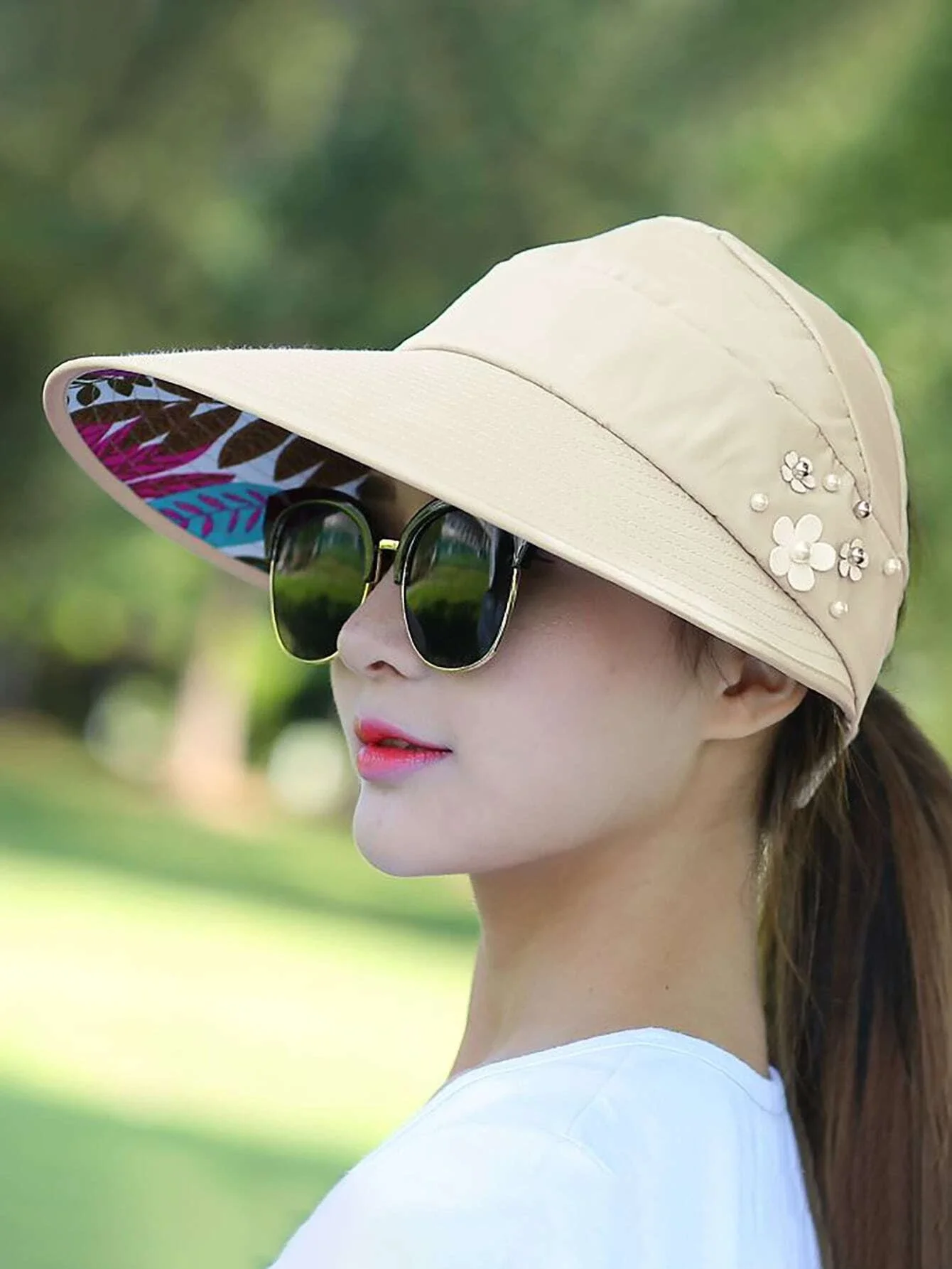 

Tropical Print Faux Pearl & Flower Decor Visor Hat