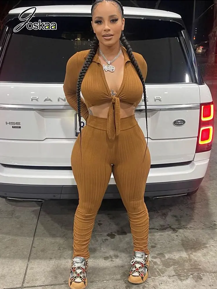 

Joskaa Brown Ribbed Two Piece Set Women Sexy Long Sleeve Lace Up Crop Top and Pencil Pants Matching Autumn 2022 Casual Tracksuit