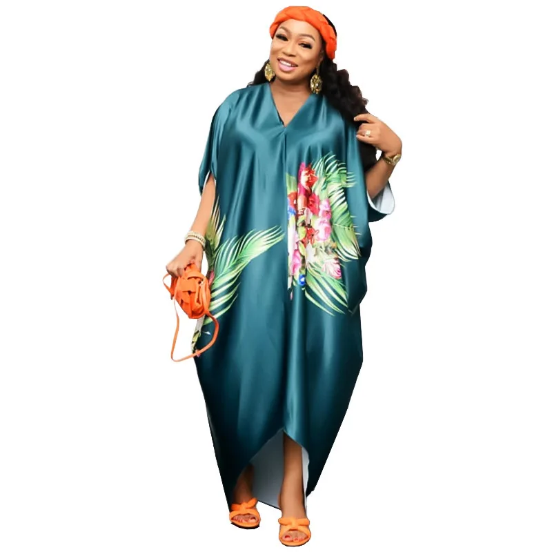 

African Maxi Dresses For Women V Neck Batwing Sleeve Boubou Summer New Floral Print Bazin Riche Dashiki African Dress Robes 2022