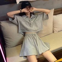 casual sports suit womens 2022 summer new loose fashion western style polo shirt wide leg shorts all match two piece suit