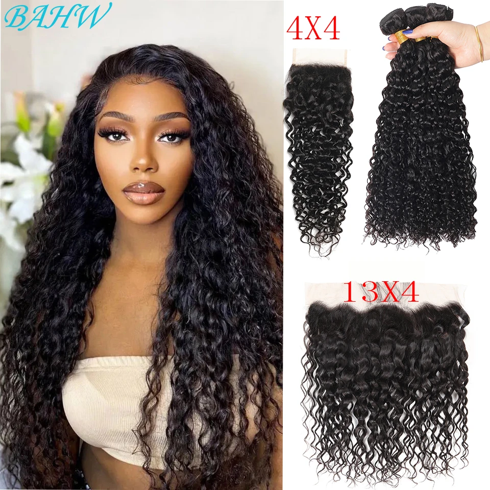 

BAHW Hair Peruvian Water Wave Bundles With Closure 30Inch Natural Wave Hair Extension Remy Human Hair Bundels With Frontal sale
