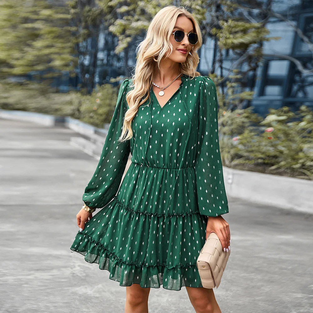 

2023Casual print elegant dress, V-neck sexy waist dress of the US station autumn winter long sleeve A-line skirt