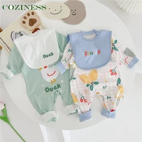 summer romper cute cartoon pattern long sleeve jumpsuit with saliva towel baby spring indoor new homeware thin kids clothes