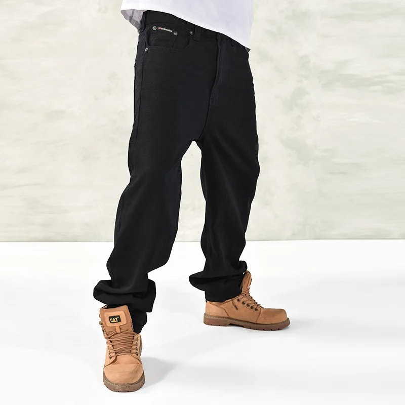 Mens Jeans Trend Autumn New Loose Fat Hip-hop Large Skateboard Pants Full Length Straight Solid Color Denim Trousers