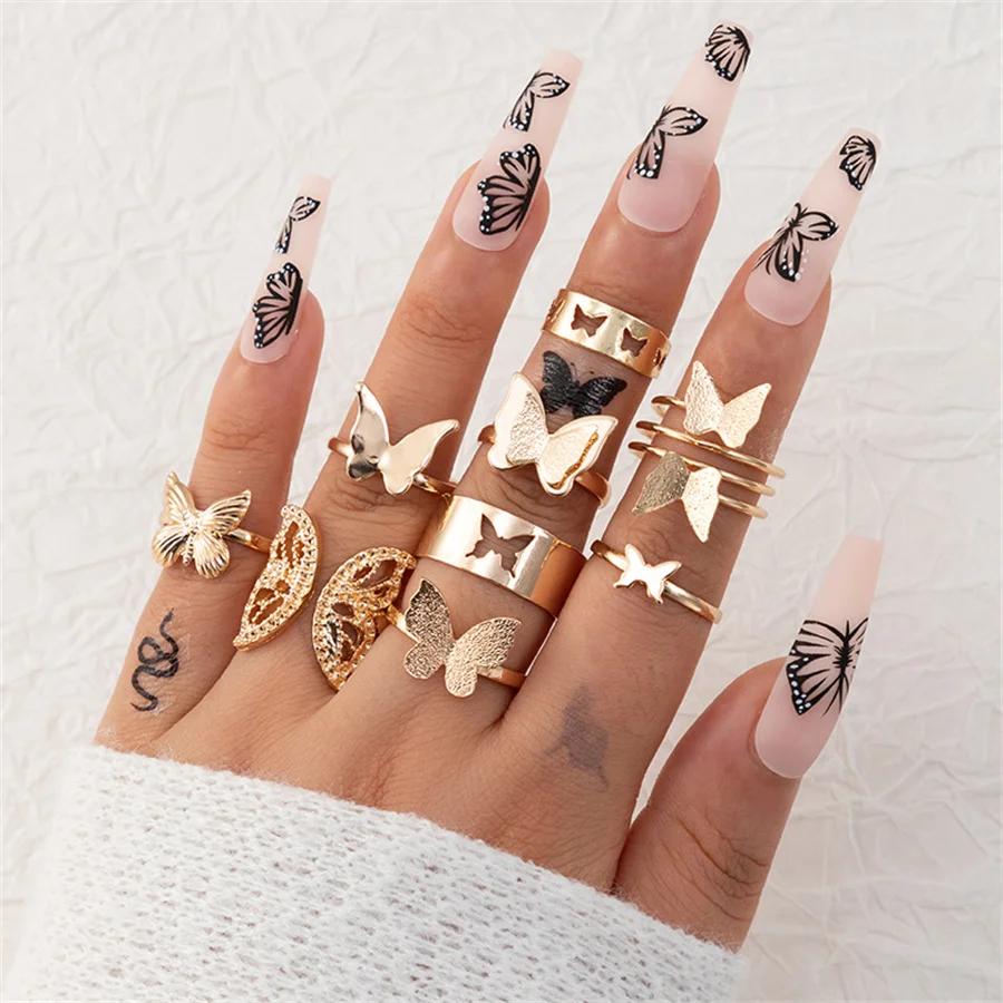 

Bohemian Hollow Butterfly Ring Set For Women Double Layer Metal Butterfly Animal Insect Knuckle Finger Ring Female Charm Jewelry