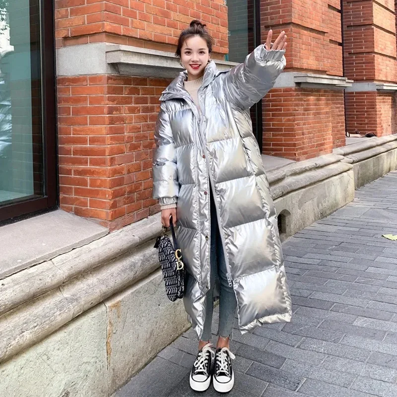 Down Padded Jacket Women's Winter 2022 New Korean Version Of The Loose Shiny Long Coat Thick Warm Solid Color Parkas Female