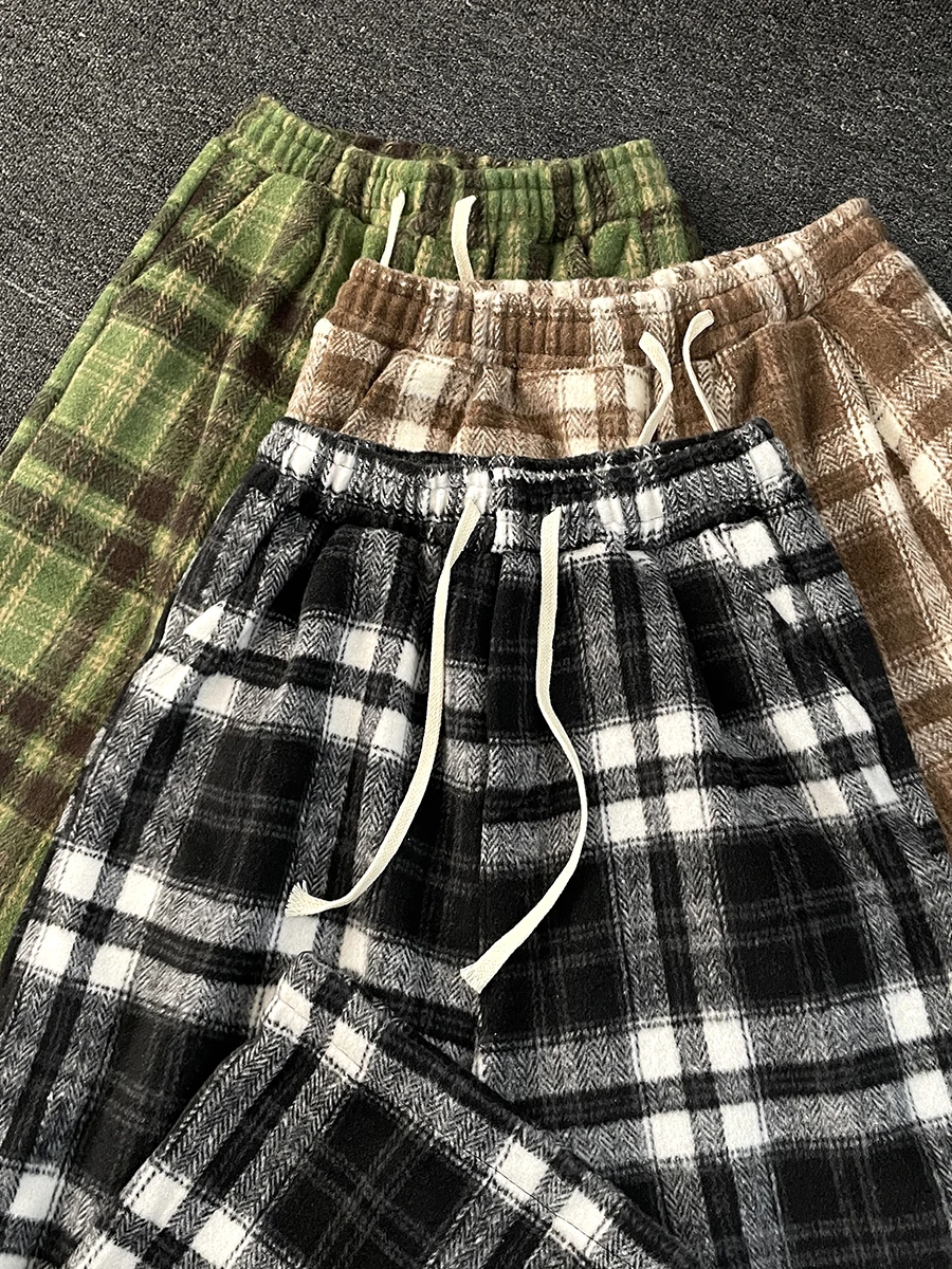 Fleece-lined Warm Plaid Pants Men's Ball Winter Loose Straight Casual Fashion Brand American vintage All-Match Wide Leg...