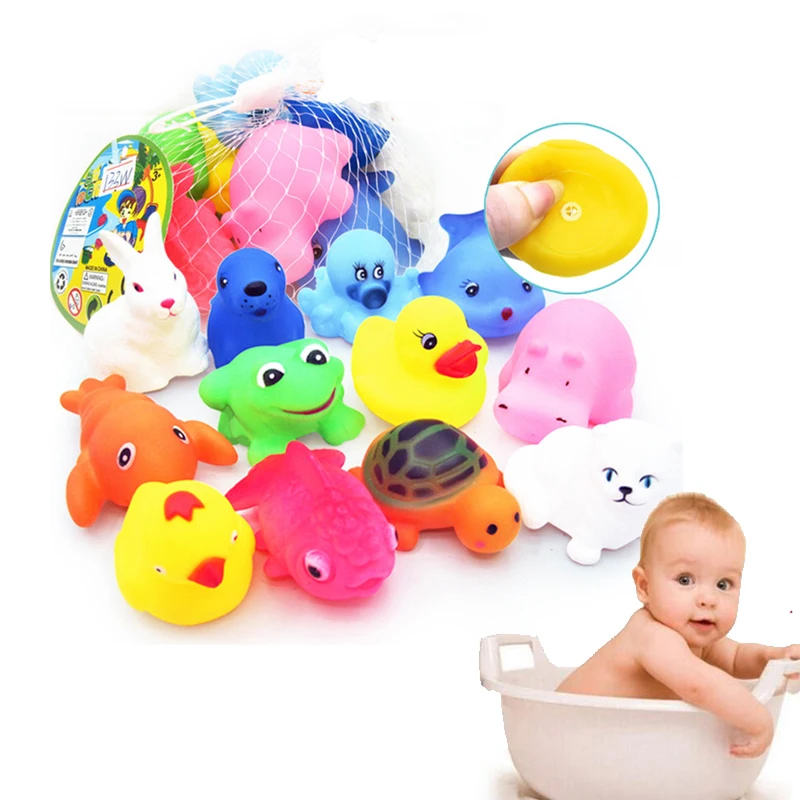 

12Pcs New Baby Kids Bathing Toys Cute Cartoon Animal Soft Rubber Float Swimming Water Toys Squeeze Sound Squeaky Bathroom Toys