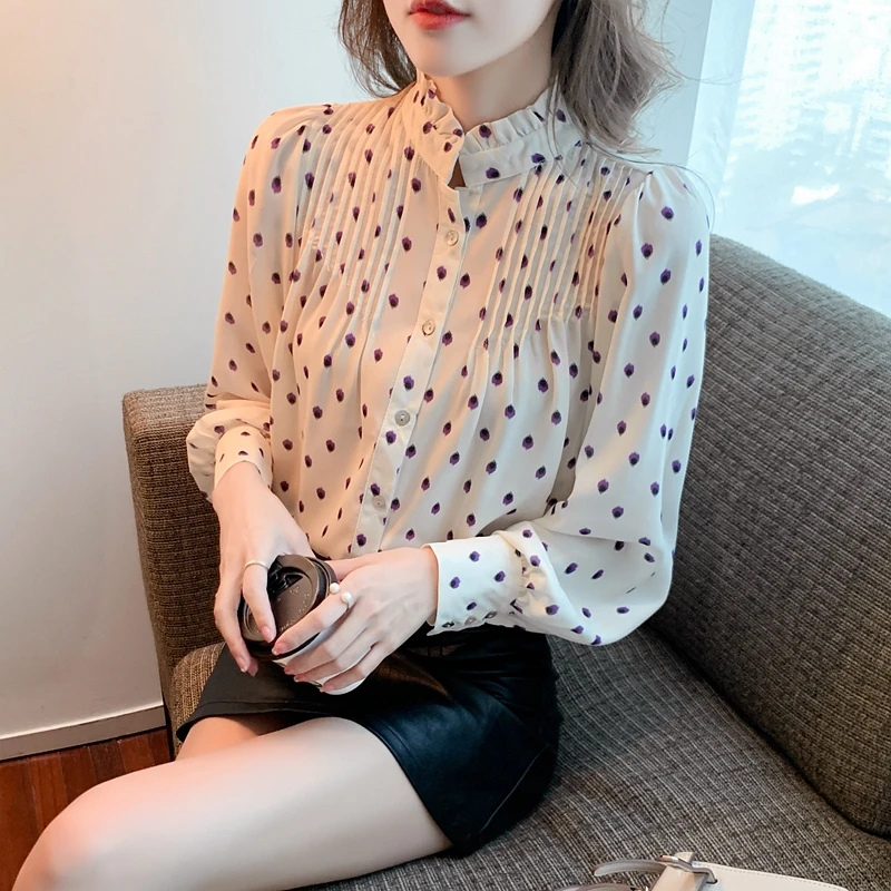 

Женская шифоновая блузка в горошек, Свободная Повседневная рубашка с длинным рукавом, круглым вырезом и оборками, в Корейском стиле, лето 2022