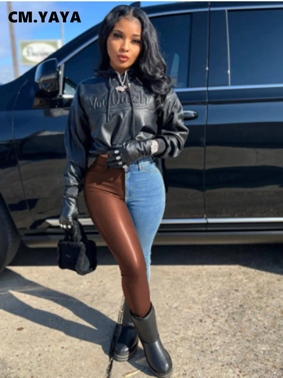 

CM.YAYA Streetwear PU Denim Patchwork Zipper Fly Pencil Legging Pants for Women Autumn Winter 2022 INS Fashion Jeans