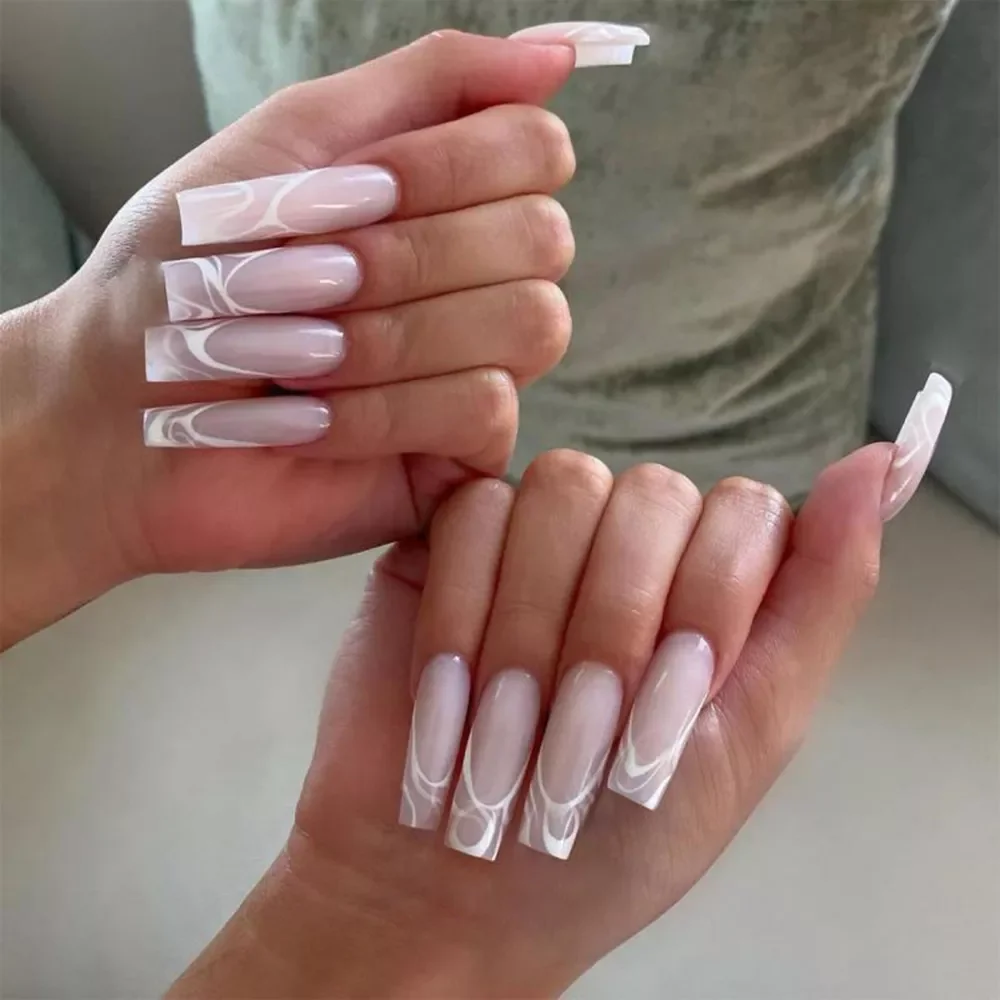 

White Waves Printed False Nail Patch Glue Type Removable Long Paragraph Fashion Manicure Coffin Fake Nail Ballerina Art