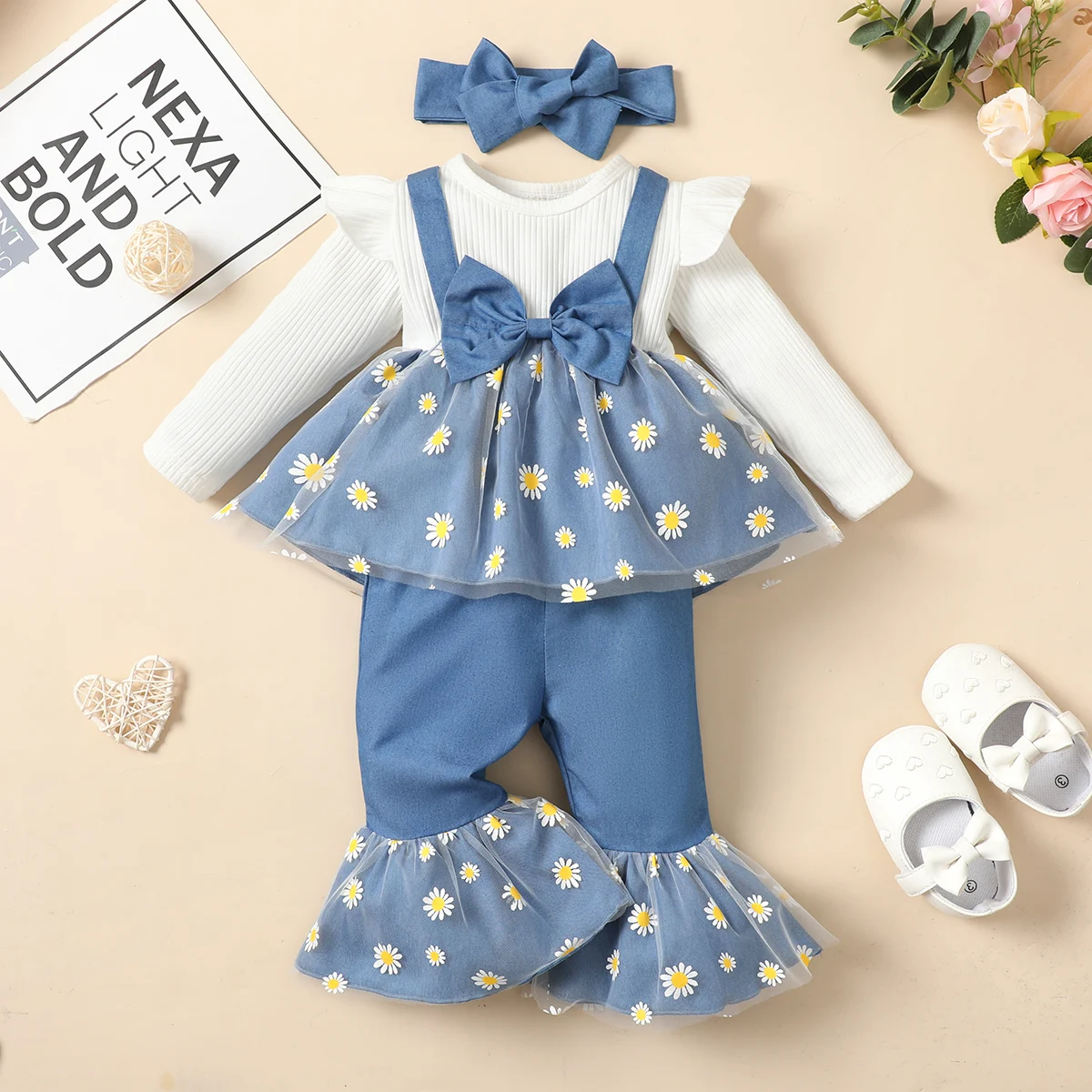 

Baby Girl Clothes Set Big Bow Floral Print Patchwork Lace Top Flared Trousers Baby Girls Clothes Infant Outfits Baby Clothes