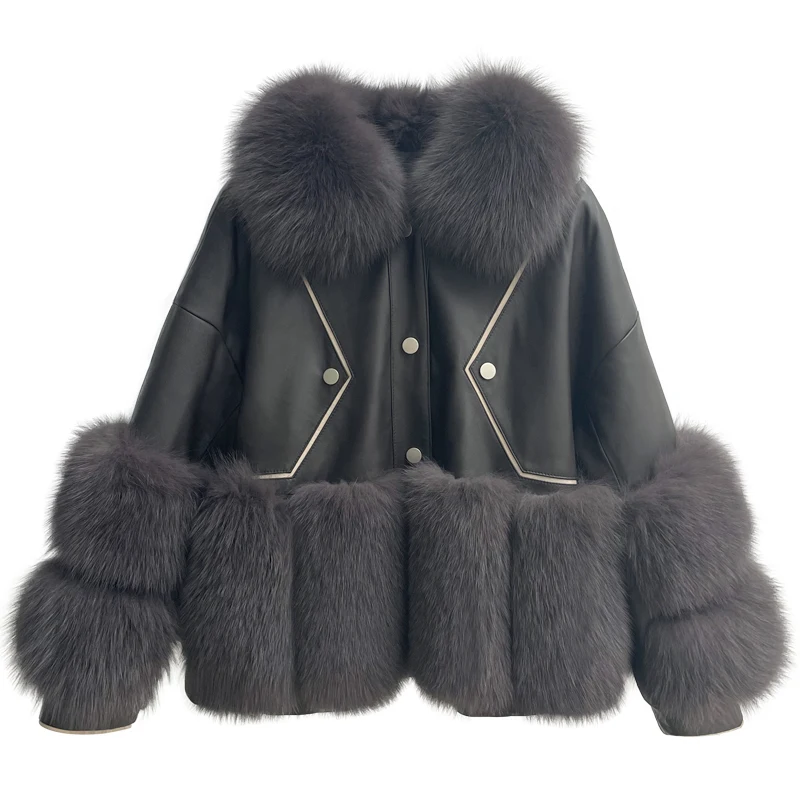 Winter Women Real Leather Jacket Woman Real Fox Fur Coat Genuine Sheepskin Leather Coat Luxury Fashion Streetwear Warm Fur Coat