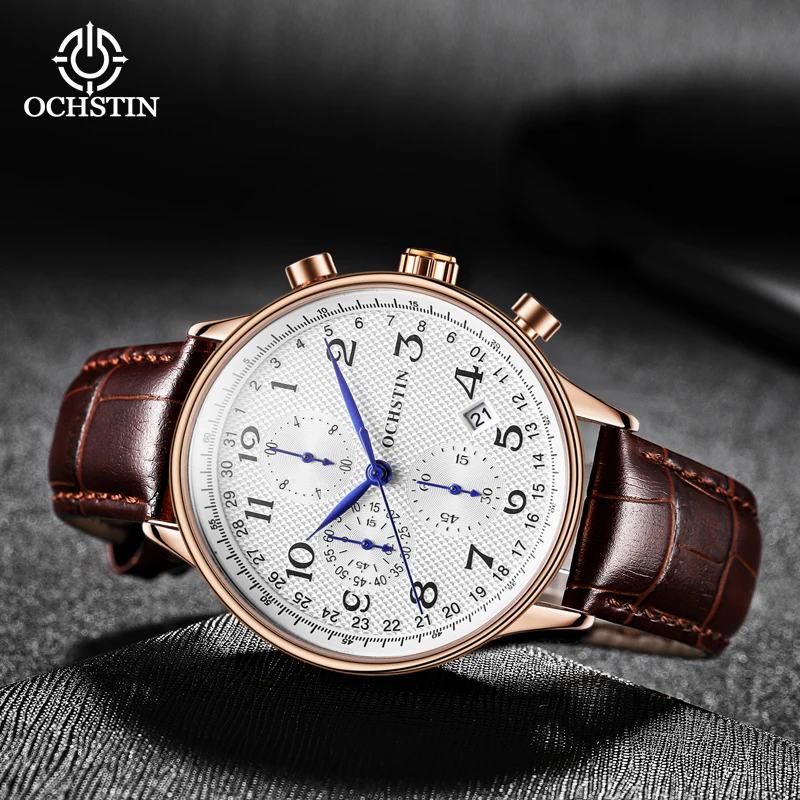 OCHSTIN Mens Watches Top Brand Luxury Leather Bracelet Male Clock Analog Quartz Sport Chronograph Wristwatch 30m Water Resistant