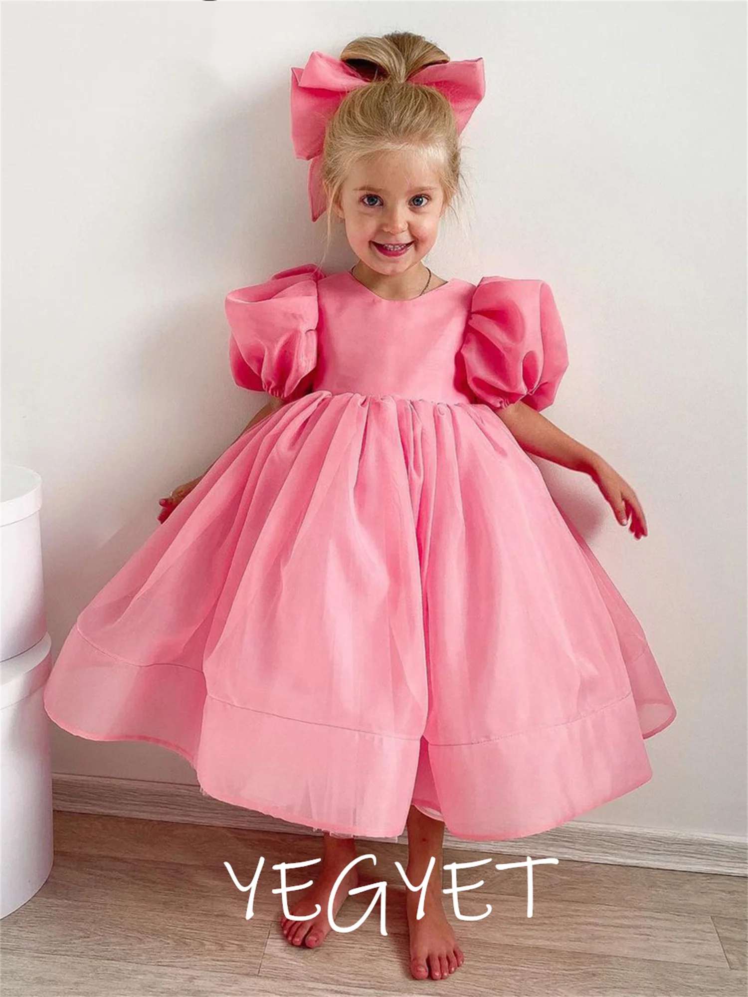 

Пышные рукава, розовое Цветочное платье для девочек с головным убором, платье для дня рождения для девочек, детское платье, платья для свадебной вечеринки