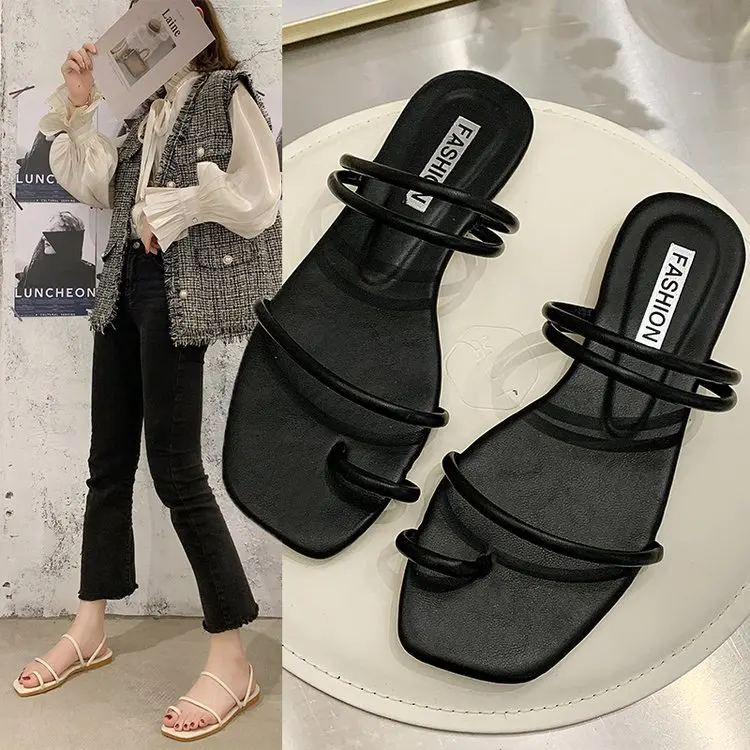 

2022 summer new Korean style flat toe square head strap two-wear flat sandals women's sandals slippers sandals for women