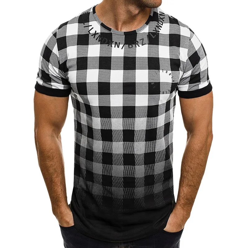 

ZNG 2020 Mens summer plaid patchwork t shirt short sleeve Gradient color Muscle Basic Hip fashion tee shirt New 2019